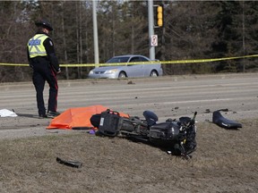 One man is dead after a motorcycle collided with a bus near 157 Avenue and 97 Street in Edmonton on Thursday, April 20, 2017.