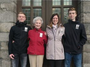 Three generations of Dudley Fryer's relatives travelled to Europe to commemorate his contribution to the Battle of Vimy Ridge. Here is his family on Friday, April 7, 2017, in front of the Flanders Field Museum in Ypres, Belgium. From left are Dawson Hartman (great-grandson), Barbara Fonteyne (daughter), Rhonda Hartman (granddaughter) and Ethan Hartman (great-grandson).