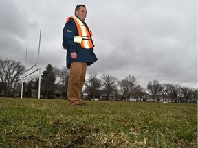 Rodger Davidson, acting director of park operations, held a news conference about the delay in opening city sports fields like this one at Forest Heights Park in Edmonton, Wednesday, April 26, 2017.