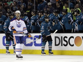 San Jose Sharks centre Joe Pavelski celebrates after scoring against the Edmonton Oilers during the second period in Game 4 of a first-round NHL hockey playoff series Tuesday, April 18, 2017, in San Jose, Calif.