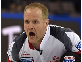 Team Canada third Mark Nichols talks to the sweepers against Germany during the world curling championships at Northlands Coliseum in Edmonton on Tuesday, April 4, 2017. (Ed Kaiser)