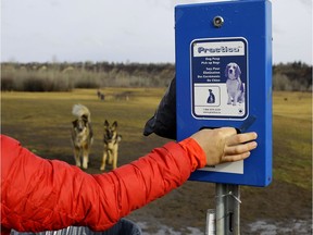 The City of Edmonton provides free bags for dog owners to pick up their pets' poop at various parks throughout the city.