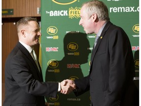 The Edmonton Eskimos President and CEO Len Rhodes introduces new general manager Brock Sunderland at Commonwealth Stadium in the Eskimos locker room on Tuesday April 25, 2017, in Edmonton.