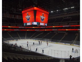 The Edmonton Oilers practise under the 2017 NHL playoff logo at Rogers Place on Tuesday, April 11 2017. (Shaughn Butts)