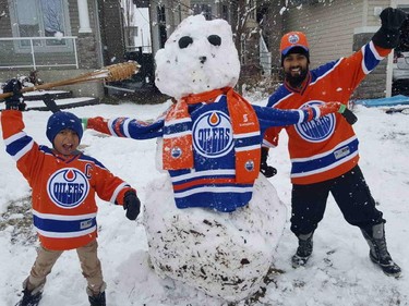 Oilers fan Alvin Shankar's snowmen have been good luck charms for the Edmonton Oilers but with no snow on the ground for Game 5 against the San Jose Sharks on April 20, 2017, he constructed a scarecrow. Supplied