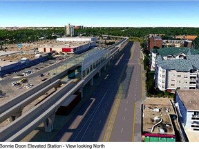 Rendering of a possible elevated LRT station in Bonnie Doon. Raising the track through the area could cost up to $220 million.