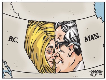 Provincial premiers Rachel Notley and Brad Wall butt heads. (Cartoon by Malcolm Mayes)