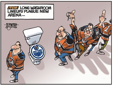 Long washroom lineups plague new Oilers arena. (Cartoon by Malcolm Mayes)