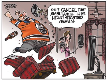 Edmonton Oiler fan lives and dies with the fate of his team. (Cartoon by Malcolm Mayes)