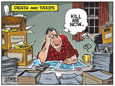 Canadian faces taxes and hopes for death. (Cartoon by Malcolm Mayes)
