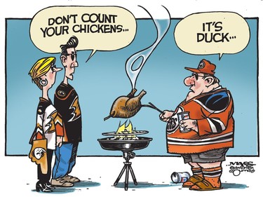Edmonton Oilers fans don't count their chickens. (Cartoon by Malcolm Mayes)