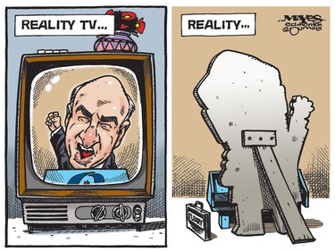 Kevin O'Leary quits Conservative leadership race, highlighting difference between Reality TV and Reality. (Cartoon by Malcolm Mayes)