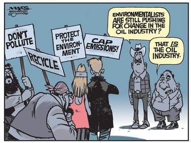 Oil industry changes after being pushed by environmental forces. (Cartoon by Malcolm Mayes)
