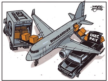 Government subsidies to Bombardier end up paying high salaries to executives. (Cartoon by Malcolm Mayes)