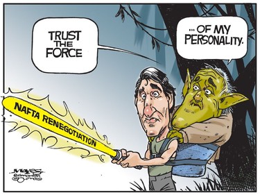 Brian Mulroney advises young Jedi Justin Trudeau on NAFTA renegotiations. (Cartoon by Malcolm Mayes)