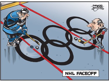 NHL Players and Gary Bettman face off over Olympic participation. (Cartoon by Malcolm Mayes)