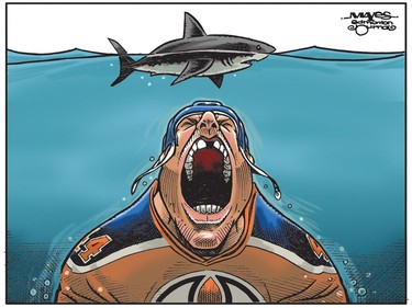 Zack Kassian and the Edmonton Oilers feast on Sharks. (Cartoon by Malcolm Mayes)