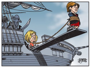 Rachel Notley's fortunes in Alberta tied to Christy Clark and B.C. Election. (Cartoon by Malcolm Mayes)