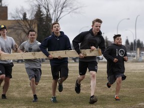 Vimy Ridge Academy Grade 7 students race as a team as they learn the skills Canadian soldiers used in the 1917 Battle of Vimy Ridge in Edmonton on April 26, 2017.