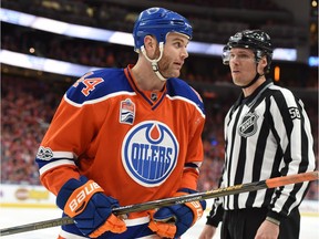 Zack Kassian (44) of the Edmonton Oilers and his trademark mutton chops in game four against the San Jose Sharks at Rogers Place in Edmonton on April 14,  2017.