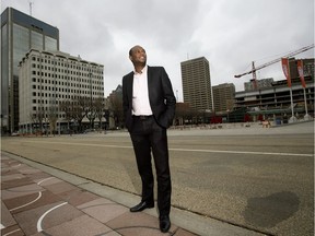 Odiri Mike-Ifeta poses for a photo outside City Hall, in Edmonton on April 26, 2017.