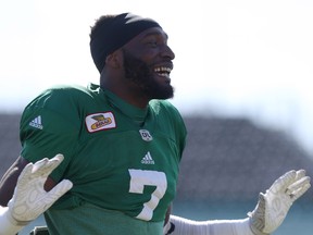 Saskatchewan Roughriders defensive lineman Willie Jefferson during training camp at Griffiths Stadium in Saskatoon on May 30, 2017.