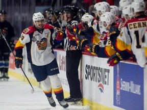 Erie Otters centre Dylan Strome celebrates a goal with players on the bench during first period Memorial Cup round robin hockey action against the Saint John Sea Dogs in Windsor, Ont. on Monday, May 22, 2017. THE CANADIAN PRESS/Adrian Wyld