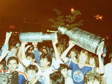 Fans on Edmonton's Jasper Avenue celebrate the Oilers' Stanley Cup victory on May 26, 1988.