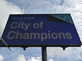 A friend of the city of champions group is mounting a campaign to get the City of Champions signage back on the welcome to Edmonton signs by promoting it with a series of 15 billboards around the city like this one at 75 St. and Argyll Rd. in Edmonton, May 17, 2017. Ed Kaiser/Postmedia (Standalone Photo)