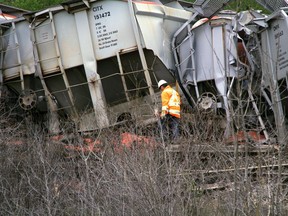 Cleanup efforts were underway Sunday after a train derailed near Bawlf, Alta. on Saturday, May 13, 2017.