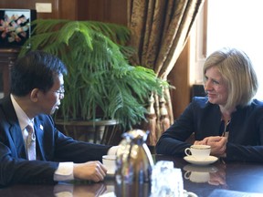 Alberta Premier Rachel Notley meets with China's ambassador to Canada, Lu Shaye, in Alberta on May 19, 2017.