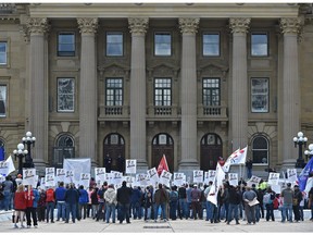 An Alberta Federation of Labour rally about labour code issues outside the Alberta Legislature in Edmonton, April 30, 2017. File photo.