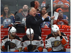 Anaheim Ducks head coach Randy Carlyle tries to get his troops going on the way to a 7-1 loss to the Edmonton Oilers at Rogers Place in Edmonton, May 7, 2017. (Ed Kaiser)