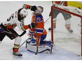 Anaheim Ducks Ryan Getzlaf (left) scores on Edmonton Oilers goalie Cam Talbot (right) during second period game action in the fourth game of their Stanley Cup playoff series in Edmonton on May 3, 2017.