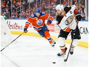 Ryan Getzlaf #15 of the Anaheim Ducks is pursued by Leon Draisaitl #29 of the Edmonton Oilers in Game 6 of the Western Conference Second Round during the 2017 NHL Stanley Cup Playoffs at Rogers Place on May 7, 2017 in Edmonton.