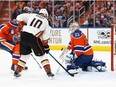 EDMONTON, AB - APRIL 30:  Goalie Cam Talbot #33 of the Edmonton Oilers stops Corey Perry #10 of the Anaheim Ducks in Game Three of the Western Conference Second Round during the 2017 NHL Stanley Cup Playoffs at Rogers Place on April 30, 2017 in Edmonton, Alberta, Canada. The Ducks won 6-3.