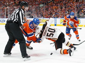 EDMONTON, AB - APRIL 30:  Ryan Nugent-Hopkins #93 of the Edmonton Oilers faces off against Antoine Vermette #50 of the Anaheim Ducks in Game Three of the Western Conference Second Round during the 2017 NHL Stanley Cup Playoffs at Rogers Place on April 30, 2017 in Edmonton, Alberta, Canada.