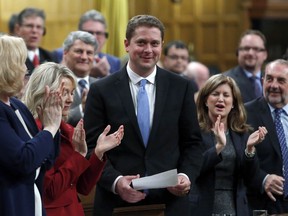 Conservative Leader Andrew Scheer receives a standing ovation in the House of Commons during Question Period on Parliament in Ottawa, Monday, May 29, 2017.THE CANADIAN PRESS/Fred Chartrand ORG XMIT: FXC115