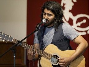 Artist in Residence Mohsin Zaman performs at the Edmtonon Folk Music Festival's 2017 media launch at Cloverdale Community Hall in Edmonton on Wednesday, May 31, 2017.