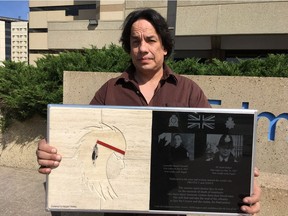 Artist Wayne Ashley is giving artwork to the Edmonton Police Service on Wednesday, May 31, 2017, to send to London, England, to honour fallen officers. The presentation was days before the second anniversary of the slaying of former British bobby, EPS Cont. Daniel Woodall, shot dead on the doorstep of a known police hater who then killed himself.