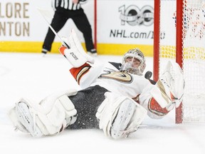 Anaheim Ducks goalie John Gibson makes a save during Game 3 of his team's Western Conference semifinal against the Edmonton Oilers on April 30, 2017, at Edmonton's Rogers Place.