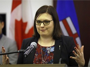 Brandy Payne, Alberta's associate minister of health, talks about the province's dedicated emergency commission to help ramp up Alberta's ability to respond to the opioid crisis, at the Alberta legislature in Edmonton on Wednesday, May 31, 2017.