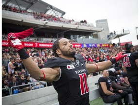 Carleton University Ravens receiver Nate Behar celebrates winning the 48th Panda Game against the University of Ottawa Gee-Gees at TD Place Stadium on Oct. 1, 2016. (Ashley Fraser)