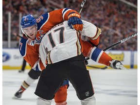 Connor McDavid of the Edmonton Oilers is tied up by Ryan Kesler of the Anaheim Ducks at Rogers Place in Edmonton on May 3, 2017. (Shaughn Butts)