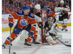 Connor McDavid of the Edmonton Oilers skates around Cam Fowler of the Anaheim Ducks at Rogers Place in Edmonton on May 3, 2017. (Shaughn Butts)