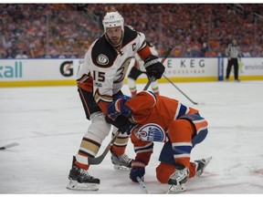 David Desharnais of the Edmonton Oilers is held down by Ryan Getzlaf of the Anaheim Ducks in Game 4 of their second-round playoff series at Rogers Place in Edmonton on Wednesday, May 3, 2017. (Shaughn Butts)