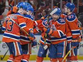 Drake Caggiula (36) of the Edmonton Oilers, celebrates his third period goal against  the Anaheim Ducks in Game 4 of the NHL second round playoffs at Rogers Place in Edmonton on May 3,  2017.