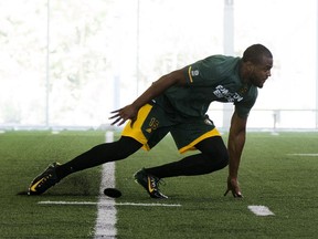 Edmonton Eskimos receiver Vidal Hazelton takes part in physical testing at the Commonwealth Recreation Centre Field House on May 27, 2017, in Edmonton.