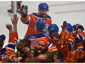The Edmonton Oilers and their fans celebrate one of seven goals against the Anaheim Ducks during Sunday's Game 6 at Rogers Place in Edmonton, May 7, 2017. (Ed Kaiser)
