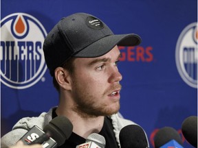 Edmonton Oilers' Connor McDavid is interviewed during a final media conference of the season at Rogers Place in Edmonton, Alta. on Friday, May 12, 2017.